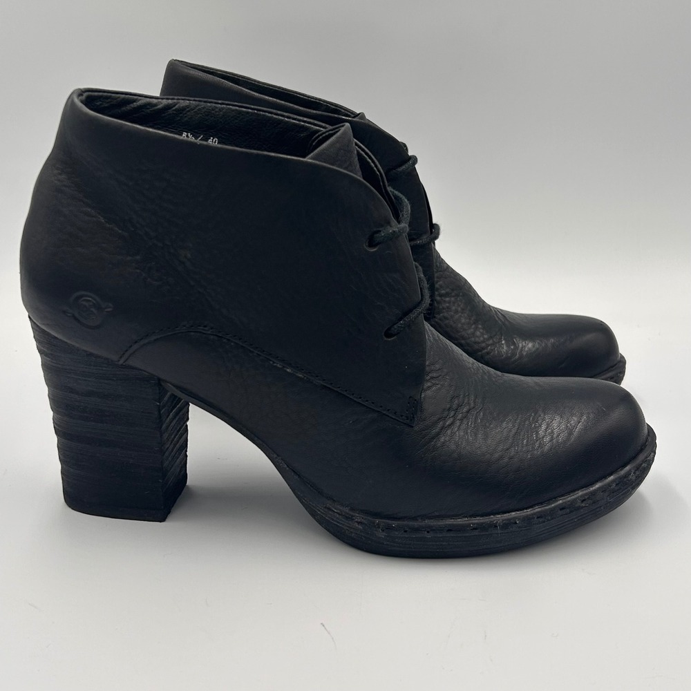 Born Black Leather Lace Up Ankle Boots Block‎ Heel W32440 Womens 8.5 EU 40